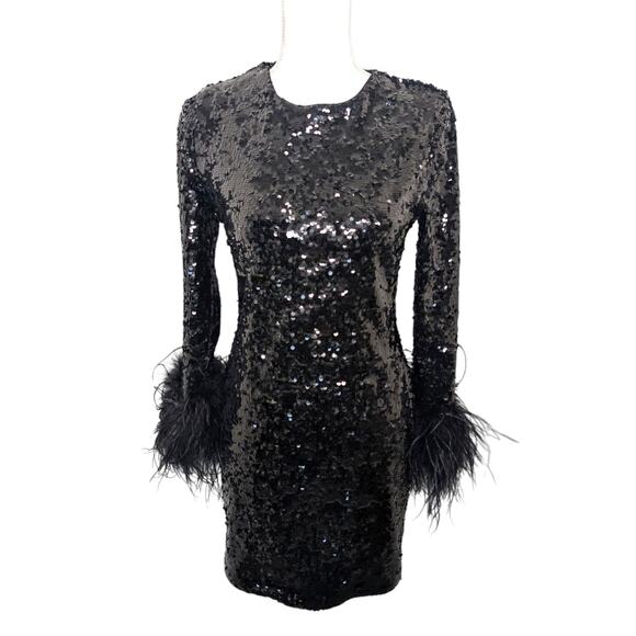 Alice + Olivia Delora Black Sequin Feather Mini Dress US 8 Party Cocktail - Picture 8 of 8